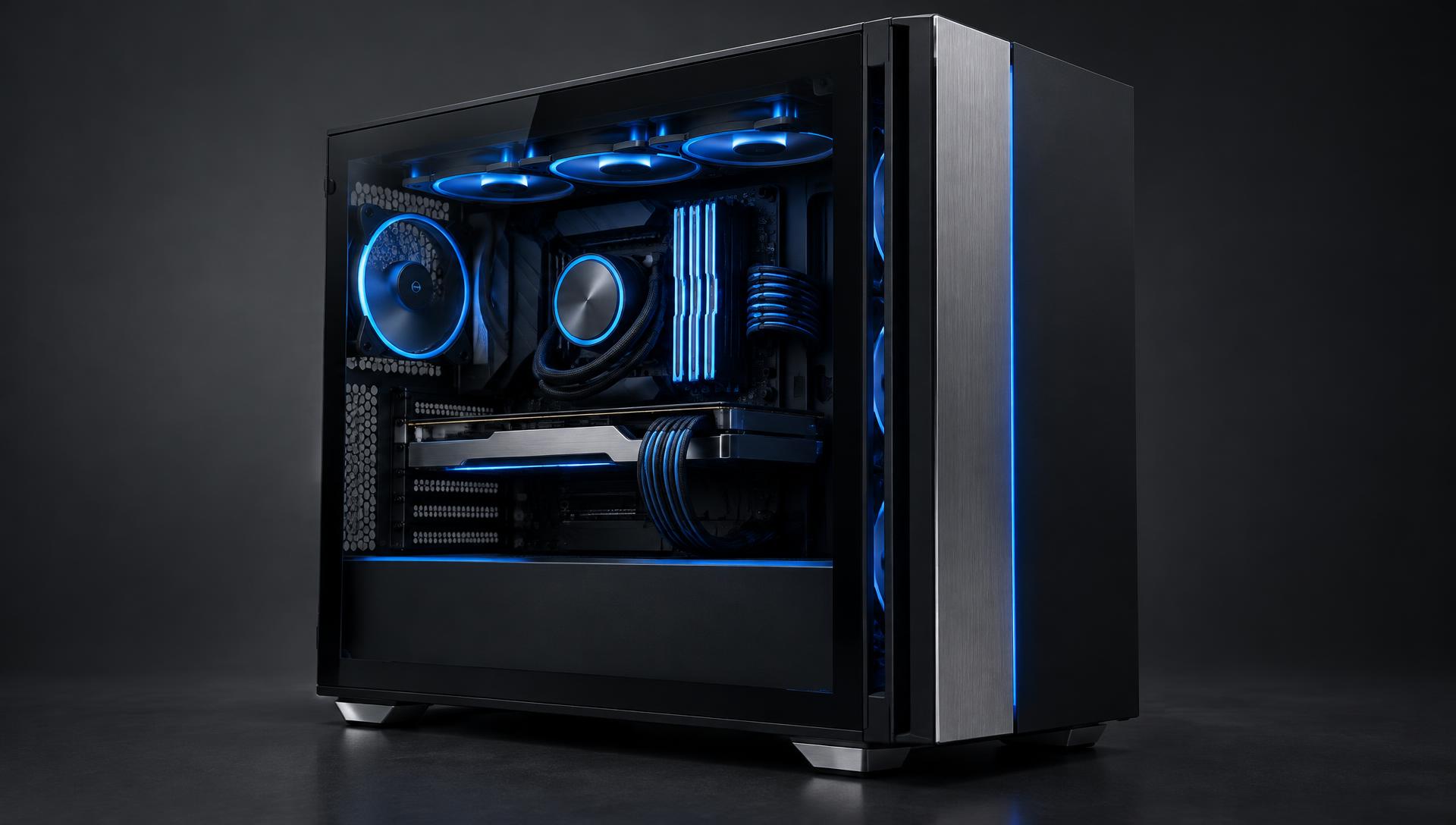 Custom PC build in a matte black case with electric blue lighting